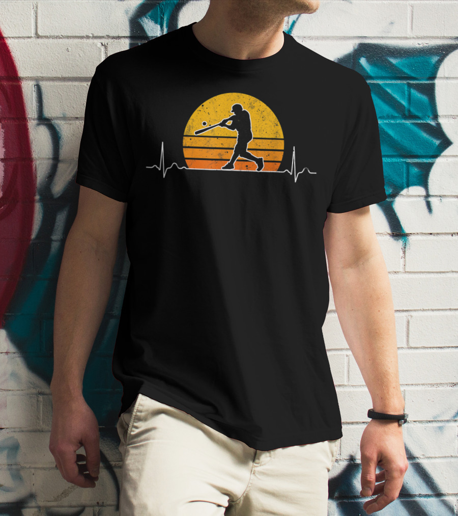 Vintage Baseball Player Heartbeat Sunset Scene T-Shirt