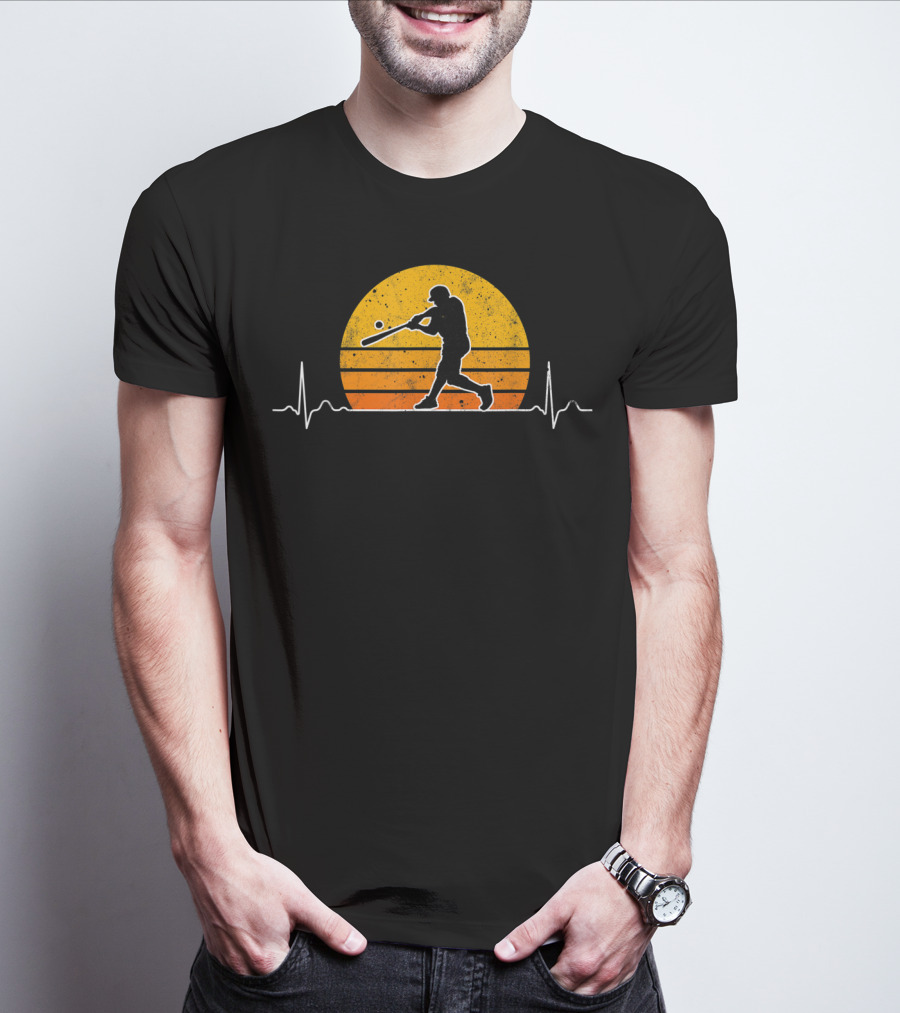 Vintage Baseball Player Heartbeat Sunset Scene T-Shirt