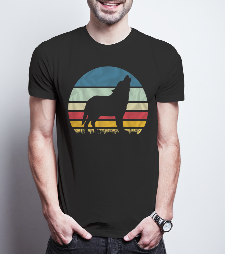 Retro Wolf Silhouette Vintage Sunset Stripes T-Shirt
