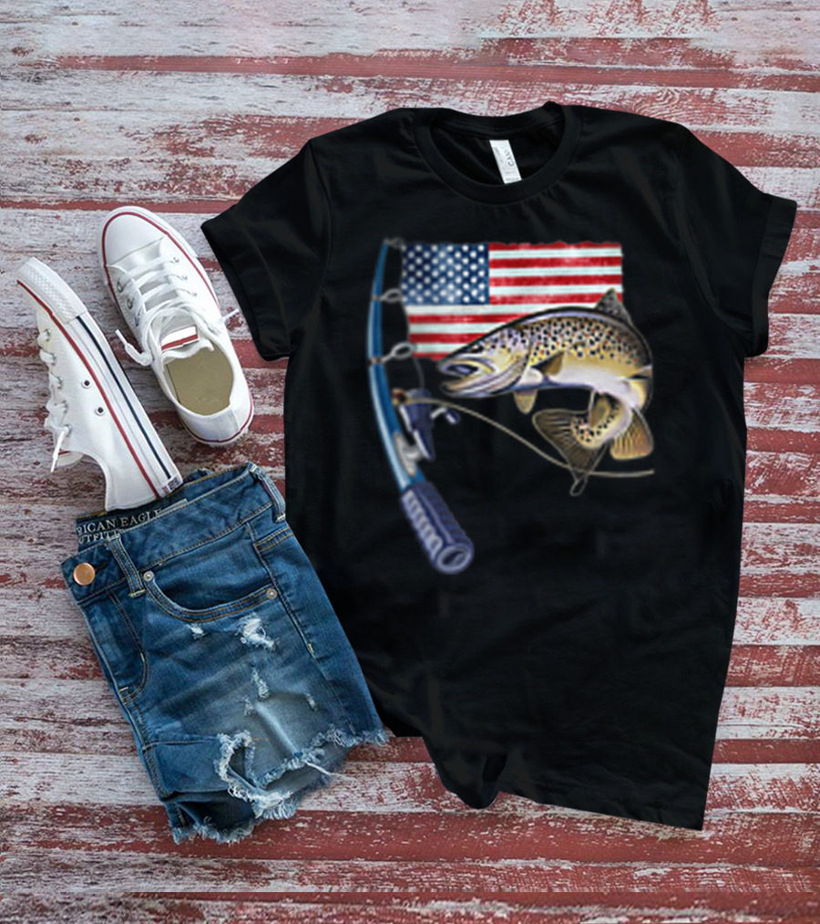 Fishing Hooked On A Feeling American Flag Rod Fish T-Shirt