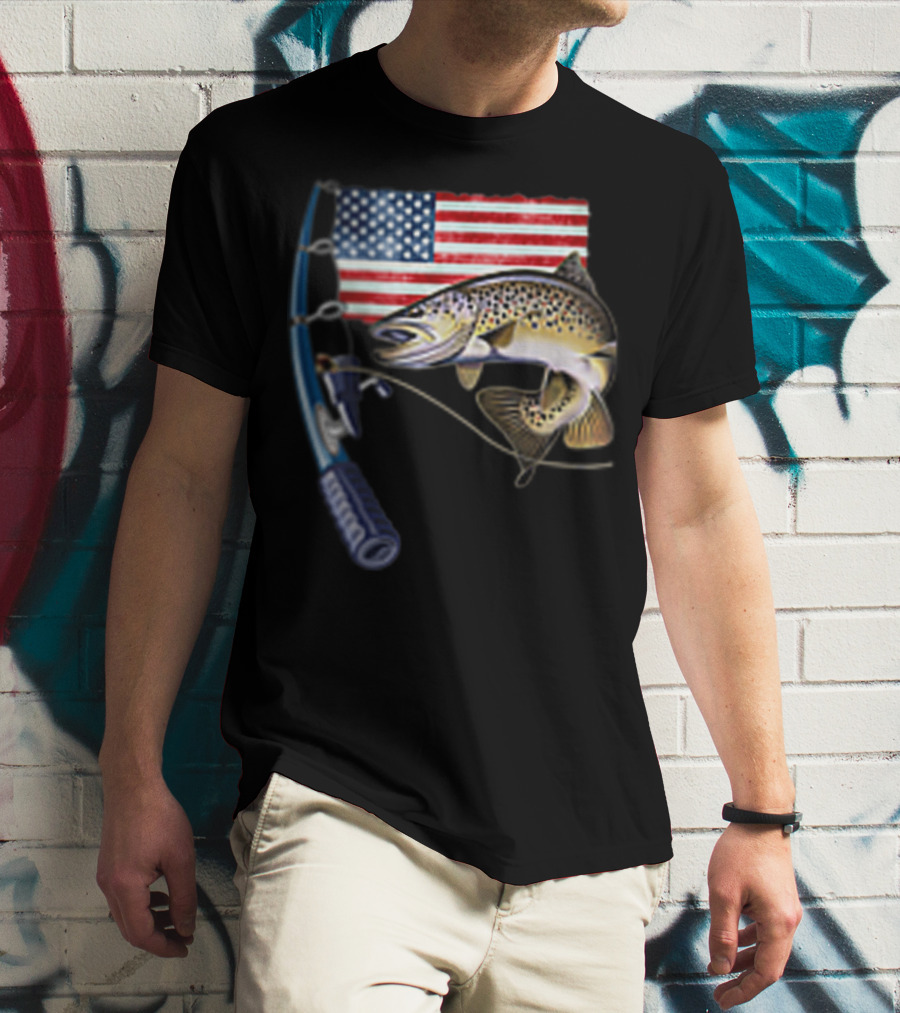 Fishing Hooked On A Feeling American Flag Rod Fish T-Shirt