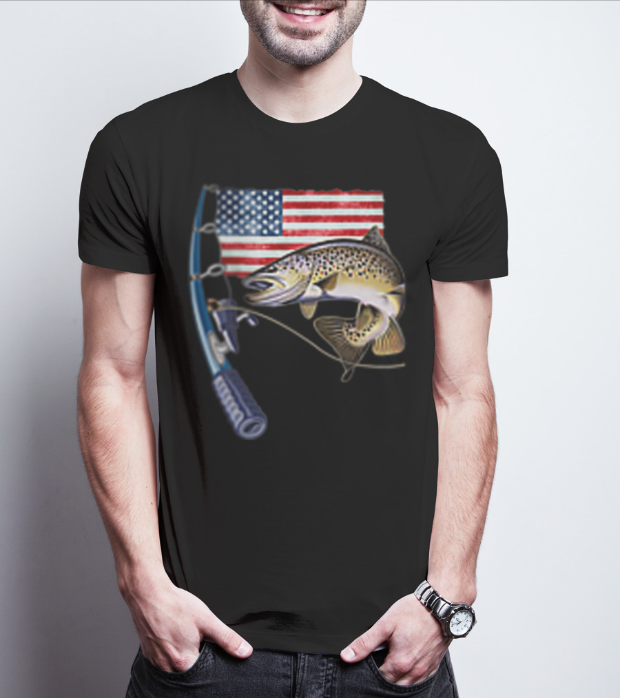 Fishing Hooked On A Feeling American Flag Rod Fish T-Shirt