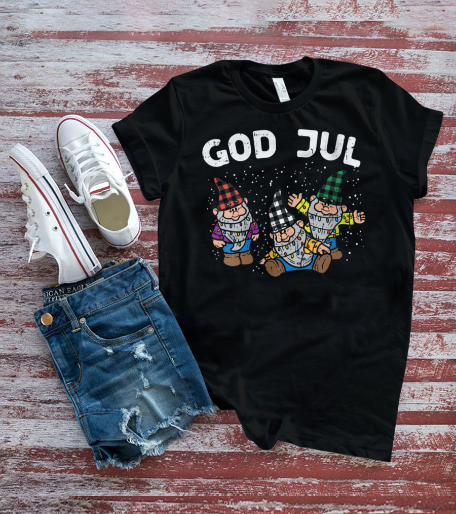 God Jul Buffalo Plaid Nordic Gnomes T-Shirt