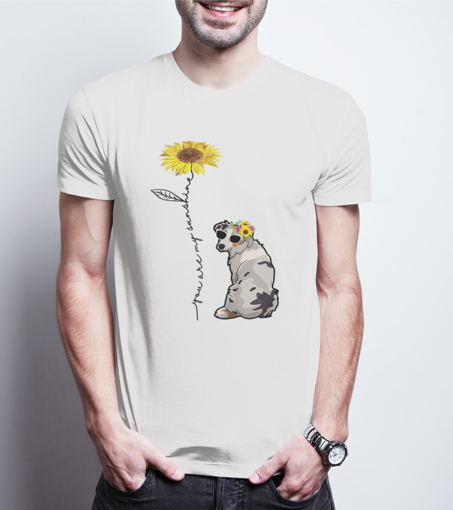 You Are My Sunshine Australian Shepherd Sunflower Sunglasses And Flower Crown T-Shirt