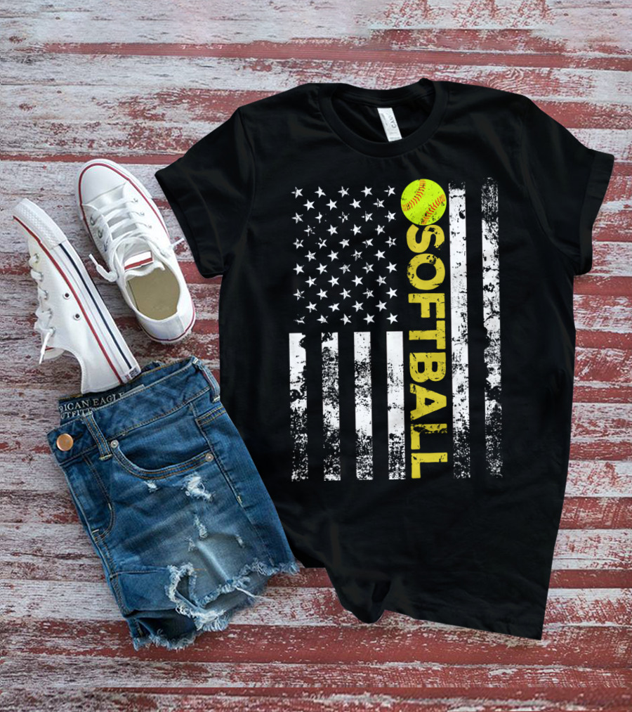American Flag Softball Vertical Text With Yellow Softball T-Shirt
