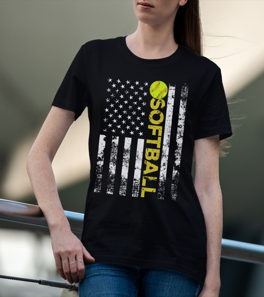 American Flag Softball Vertical Text With Yellow Softball T-Shirt