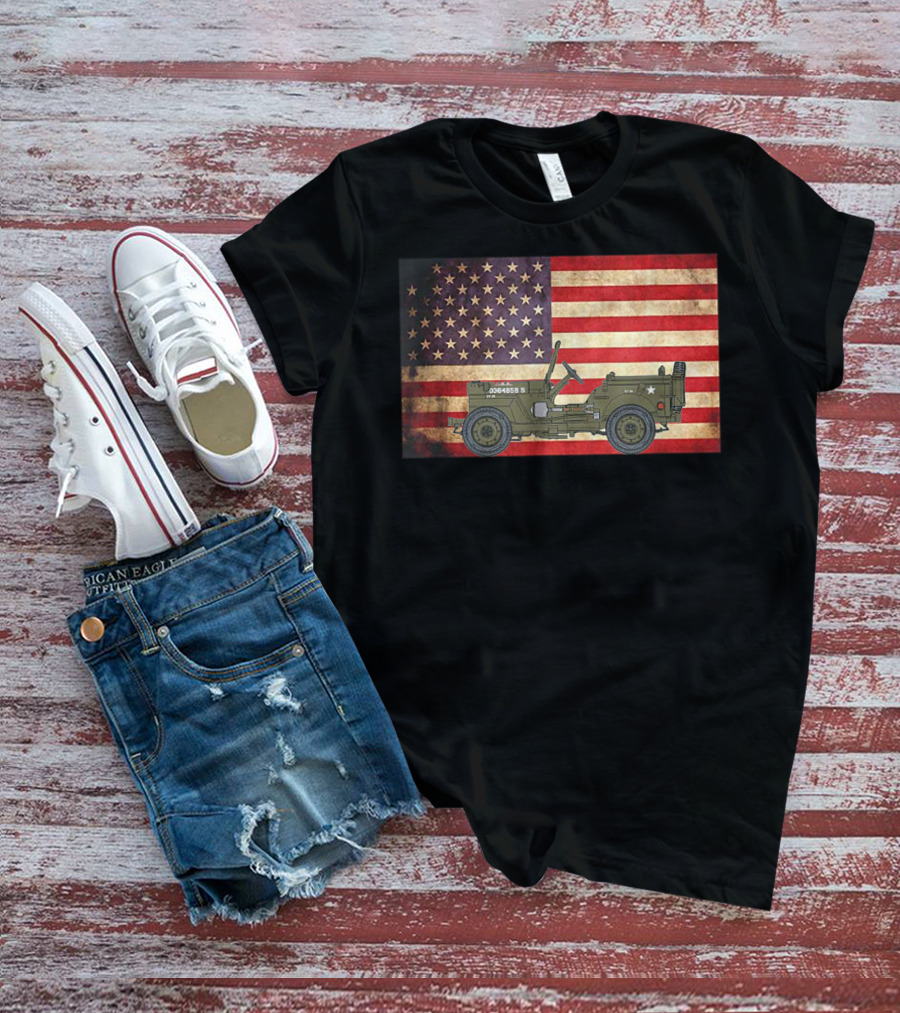 American USA Flag Willys Jeep WW2 Military Army Vehicle Stars And Stripes Vintage Retro Iconic T-Shirt