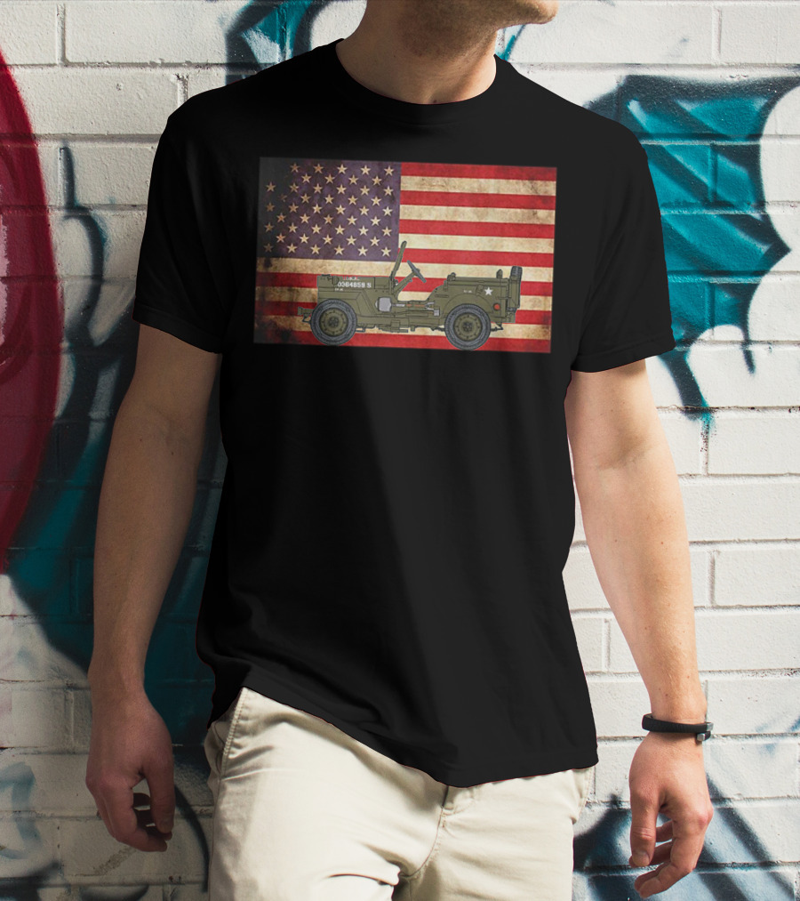American USA Flag Willys Jeep WW2 Military Army Vehicle Stars And Stripes Vintage Retro Iconic T-Shirt