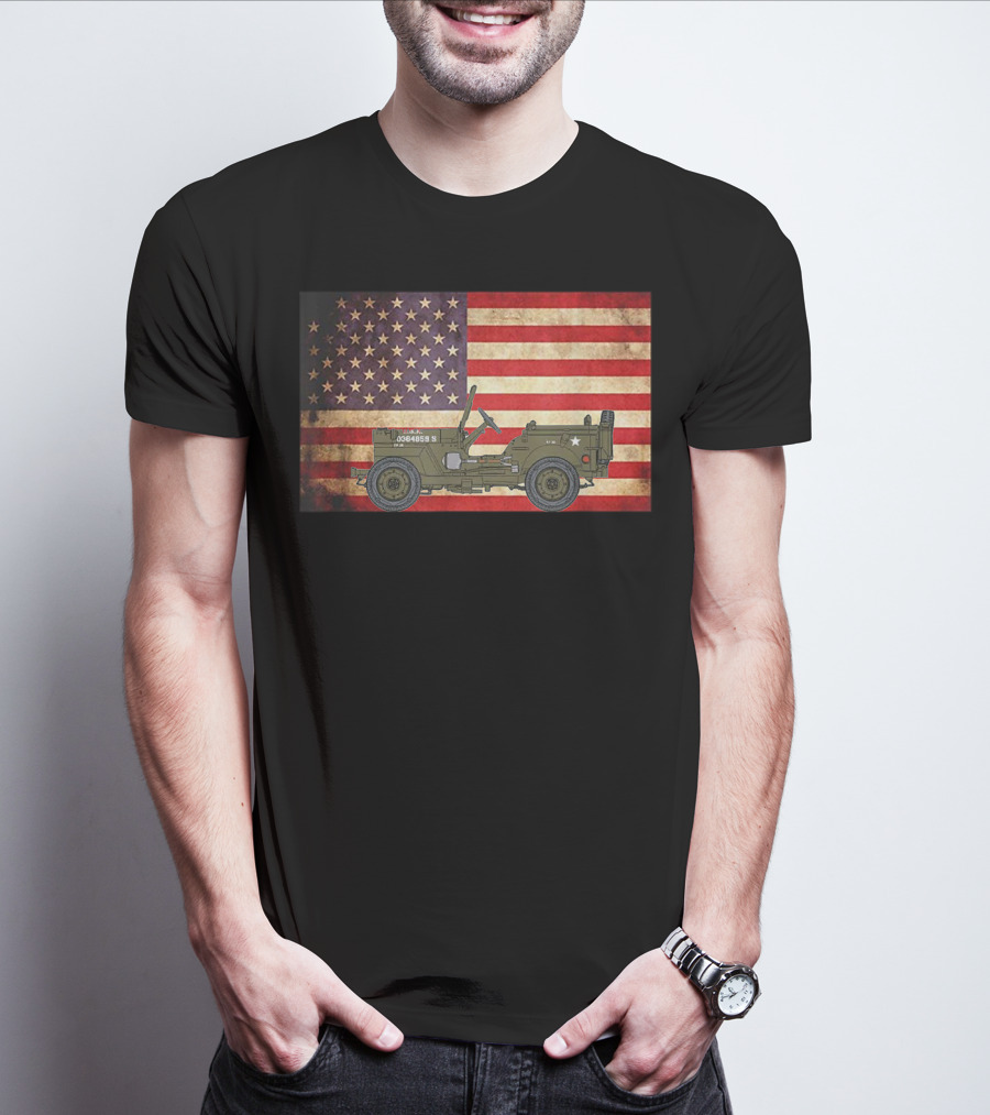 American USA Flag Willys Jeep WW2 Military Army Vehicle Stars And Stripes Vintage Retro Iconic T-Shirt