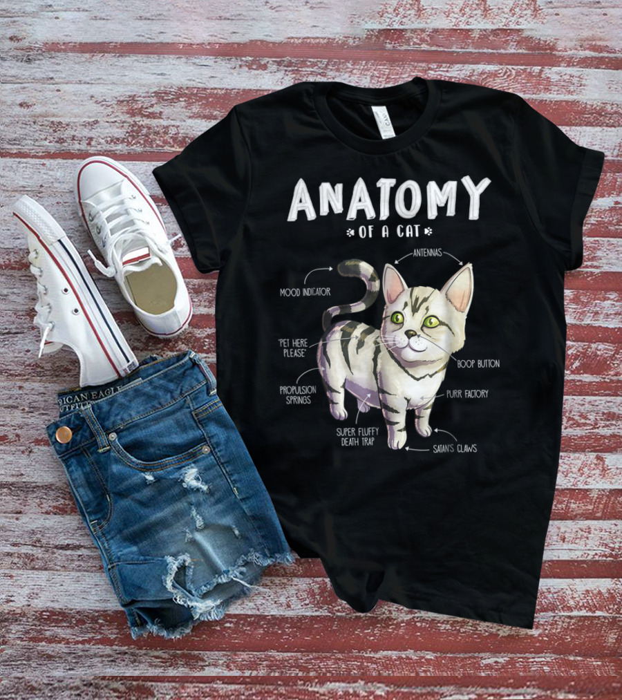 Anatomy Of A Cat Mood Indicator Antennas Super Fluffy Death Trap Boop Button Cute Funny Kitten Pet T-Shirt