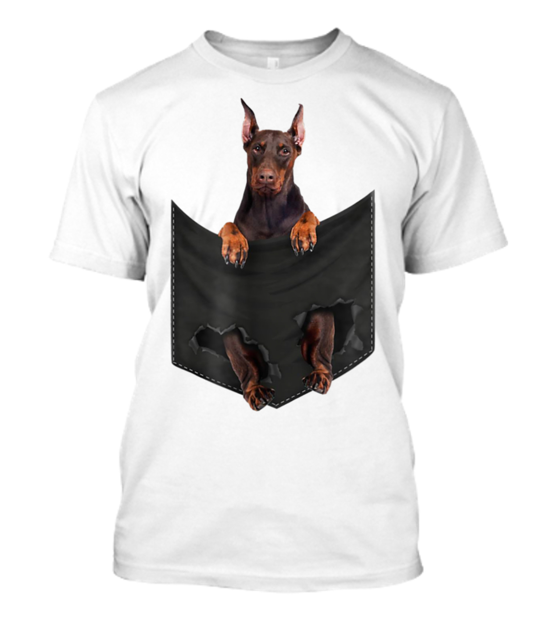Doberman Pinscher Peeking From Ripped Pocket T-Shirt