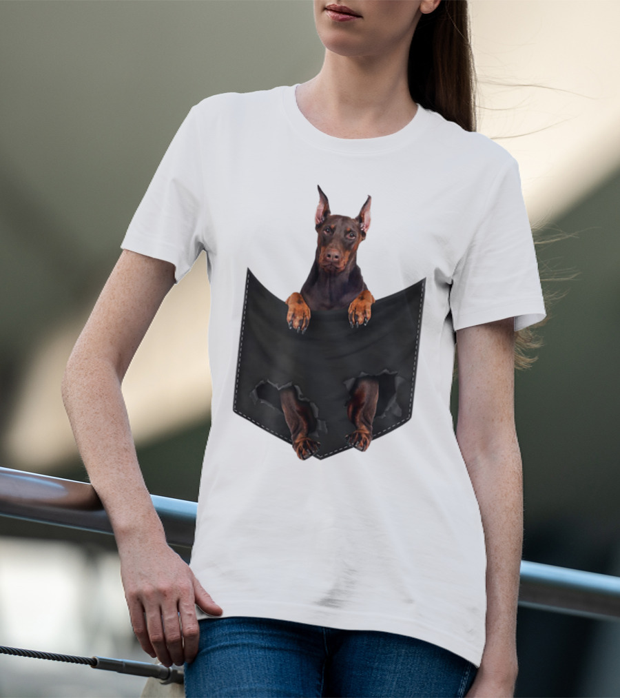 Doberman Pinscher Peeking From Ripped Pocket T-Shirt