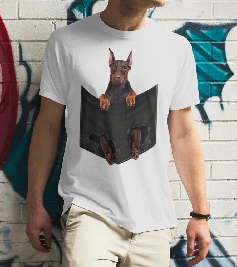 Doberman Pinscher Peeking From Ripped Pocket T-Shirt