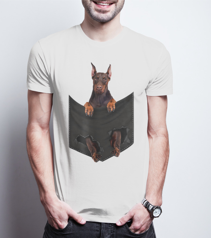 Doberman Pinscher Peeking From Ripped Pocket T-Shirt