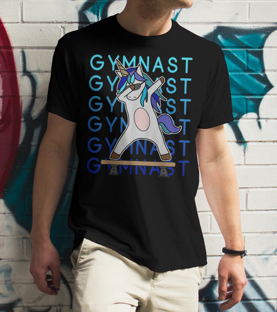 Gymnast Dabbing Unicorn With Blue Mane On Balance Beam For Girls Gymnastics T-Shirt