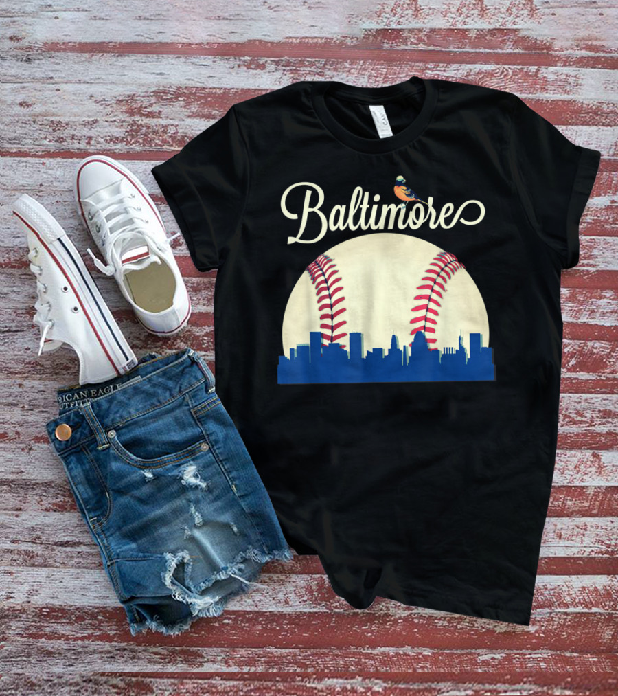 Baltimore Skyline With Baseball And Oriole Bird T-Shirt