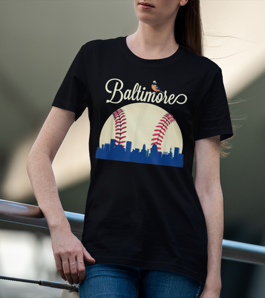 Baltimore Skyline With Baseball And Oriole Bird T-Shirt