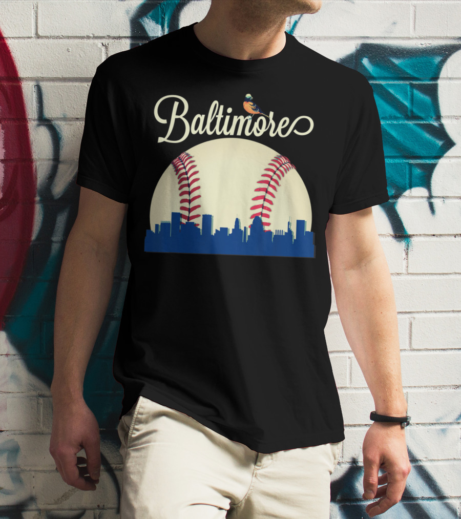 Baltimore Skyline With Baseball And Oriole Bird T-Shirt
