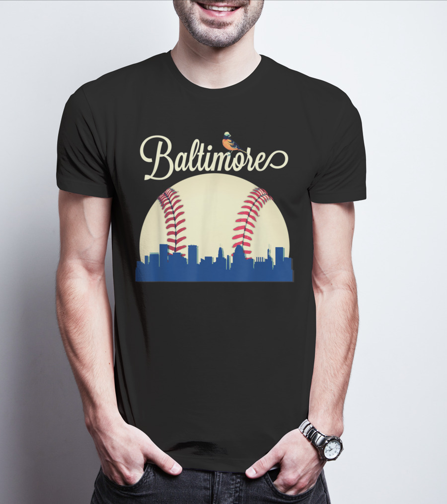 Baltimore Skyline With Baseball And Oriole Bird T-Shirt