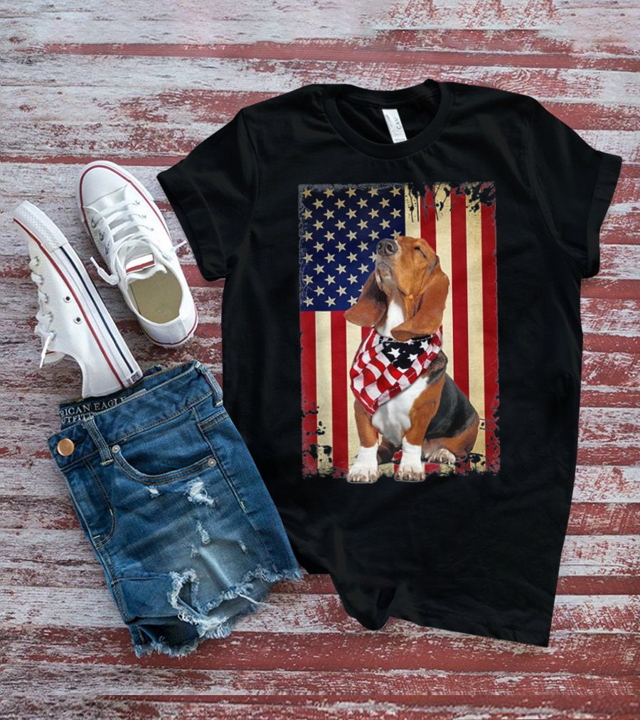 Basset Hound With American Flag Scarf Against USA Flag Background T-Shirt
