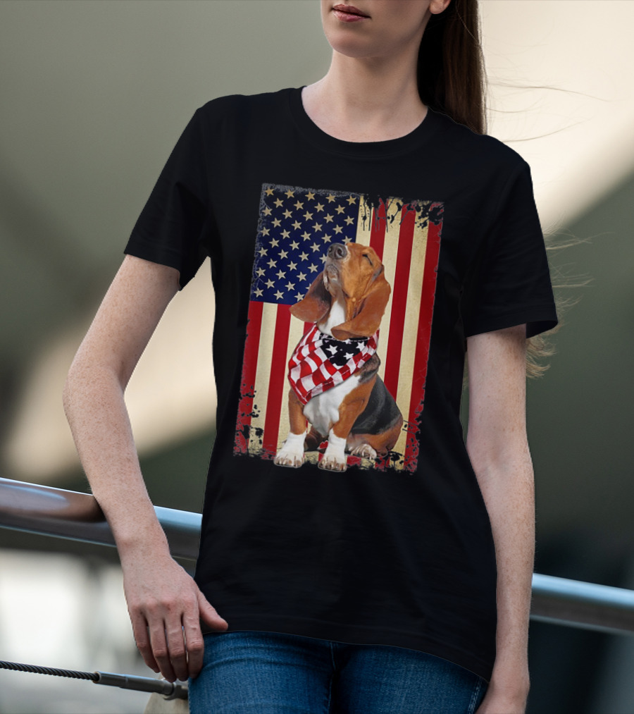 Basset Hound With American Flag Scarf Against USA Flag Background T-Shirt