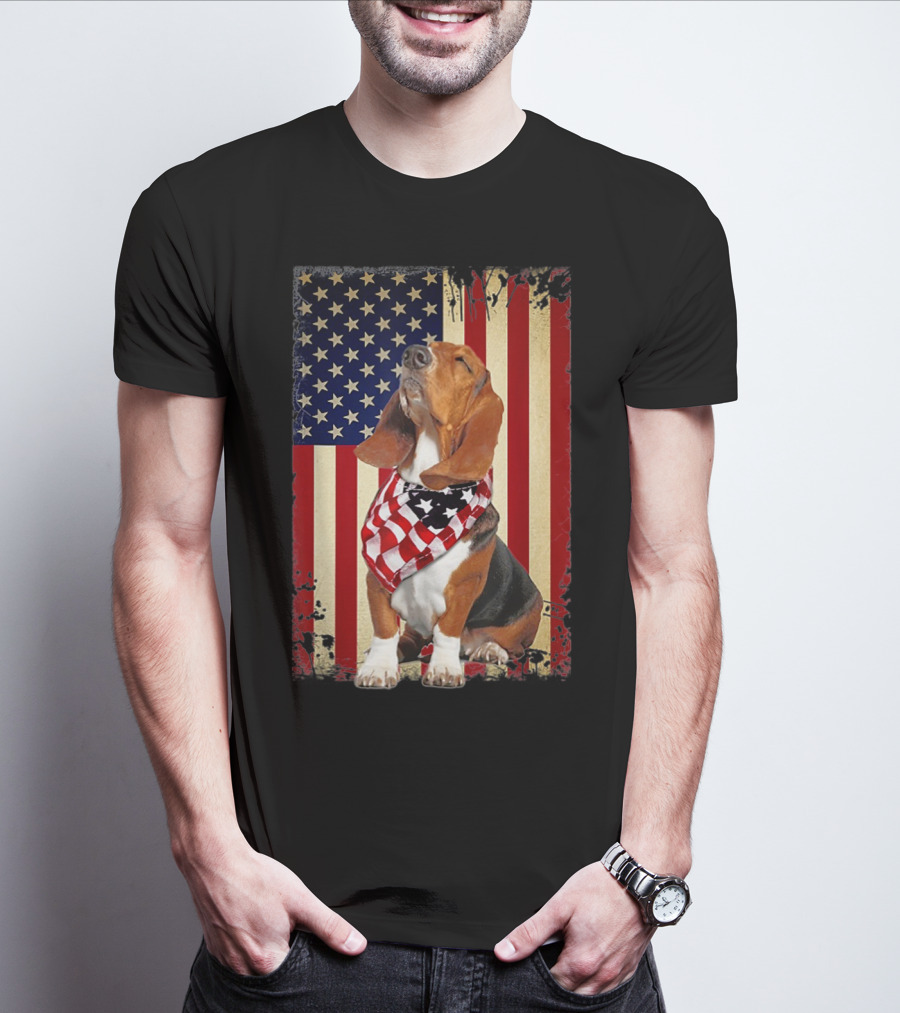 Basset Hound With American Flag Scarf Against USA Flag Background T-Shirt