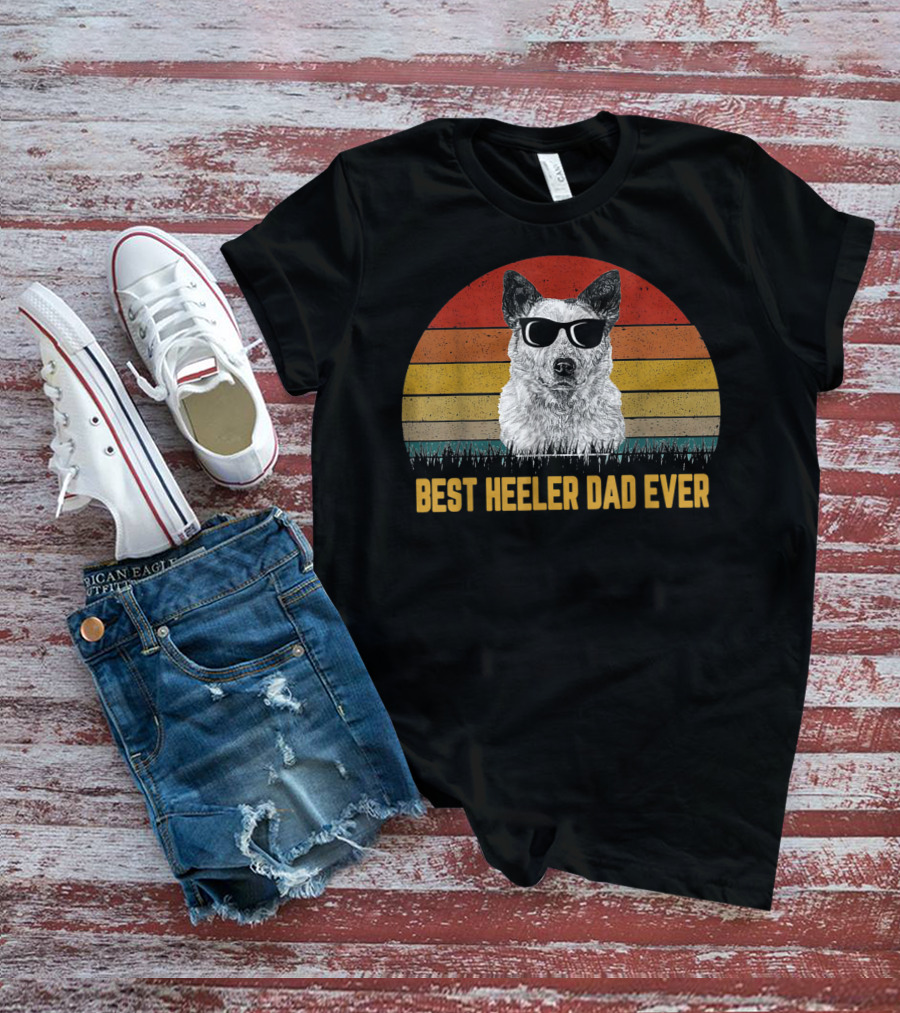 Best Heeler Dad Ever Retro Sunglasses Dog Sunset T-Shirt