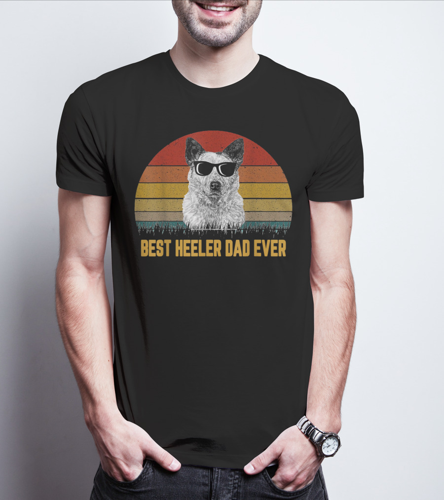 Best Heeler Dad Ever Retro Sunglasses Dog Sunset T-Shirt