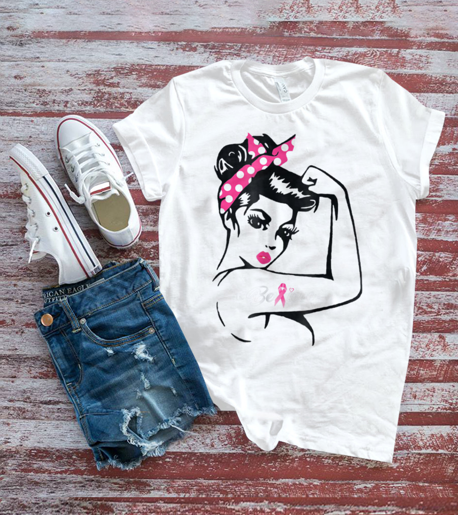 Breast Cancer Warrior Believe Support Awareness With Pink Ribbon And Polka Dot Rosie Bandana T-Shirt