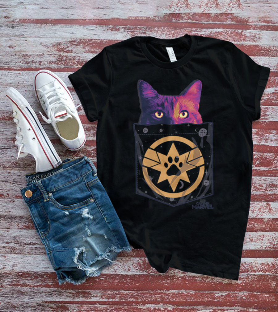 Captain Marvel Goose Paw Print Cosmic Pocket Cat T-Shirt