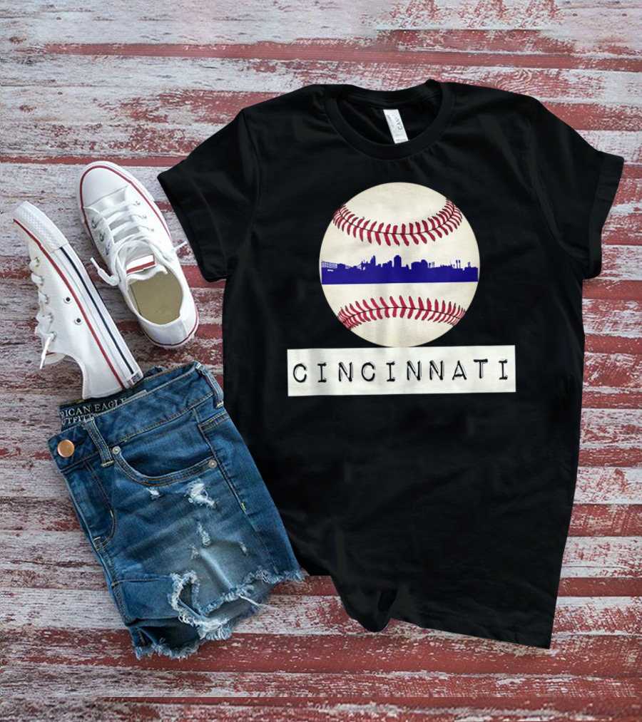 Cincinnati Skyline On Baseball With Red Stitches T-Shirt