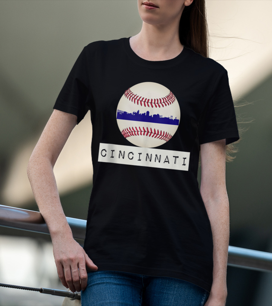 Cincinnati Skyline On Baseball With Red Stitches T-Shirt