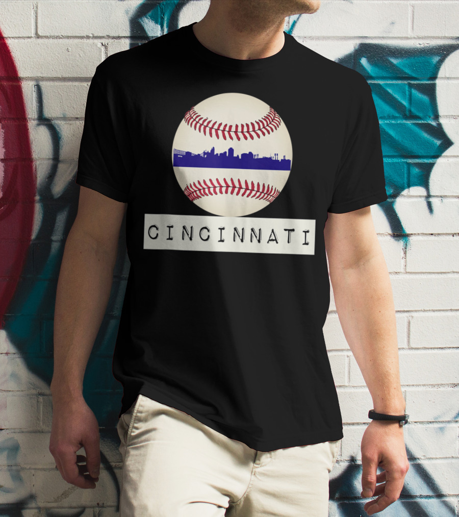 Cincinnati Skyline On Baseball With Red Stitches T-Shirt