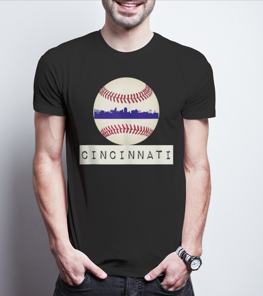 Cincinnati Skyline On Baseball With Red Stitches T-Shirt