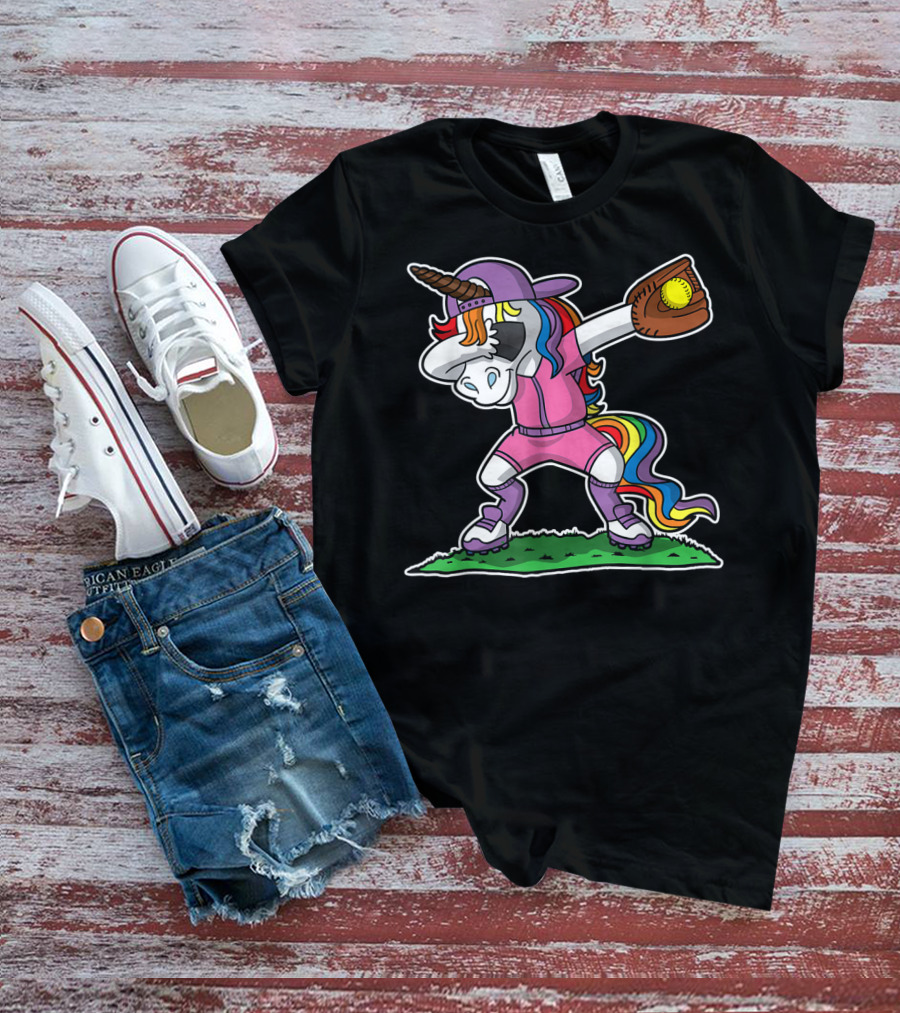 Dabbing Unicorn In Pink Softball Outfit With Glove And Ball T-Shirt