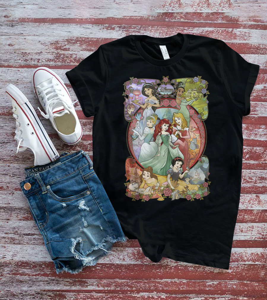 Disney Princess Classic Cartoon Group Collage Cinderella Ariel Belle Snow White Aurora T-Shirt