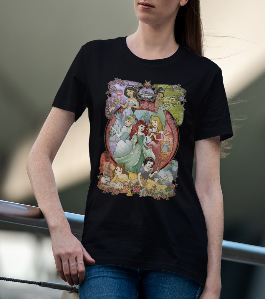 Disney Princess Classic Cartoon Group Collage Cinderella Ariel Belle Snow White Aurora T-Shirt