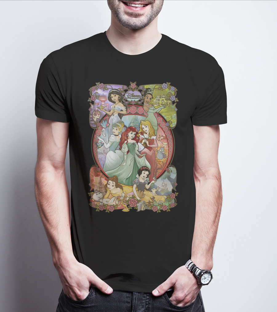 Disney Princess Classic Cartoon Group Collage Cinderella Ariel Belle Snow White Aurora T-Shirt