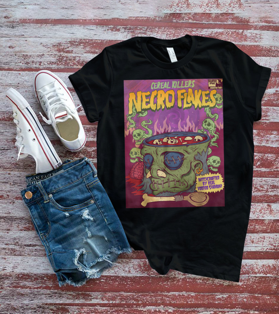 Cereal Killers Necro Flakes Witchcrafted By Real Voodoo Shaman Monster Food Horror Fans Nerds T-Shirt