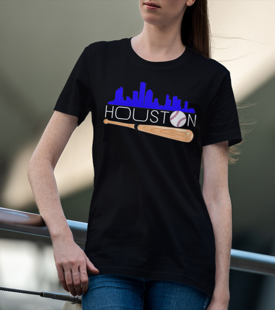 Houston Baseball Astro Font Skyline With Bat And Ball T-Shirt