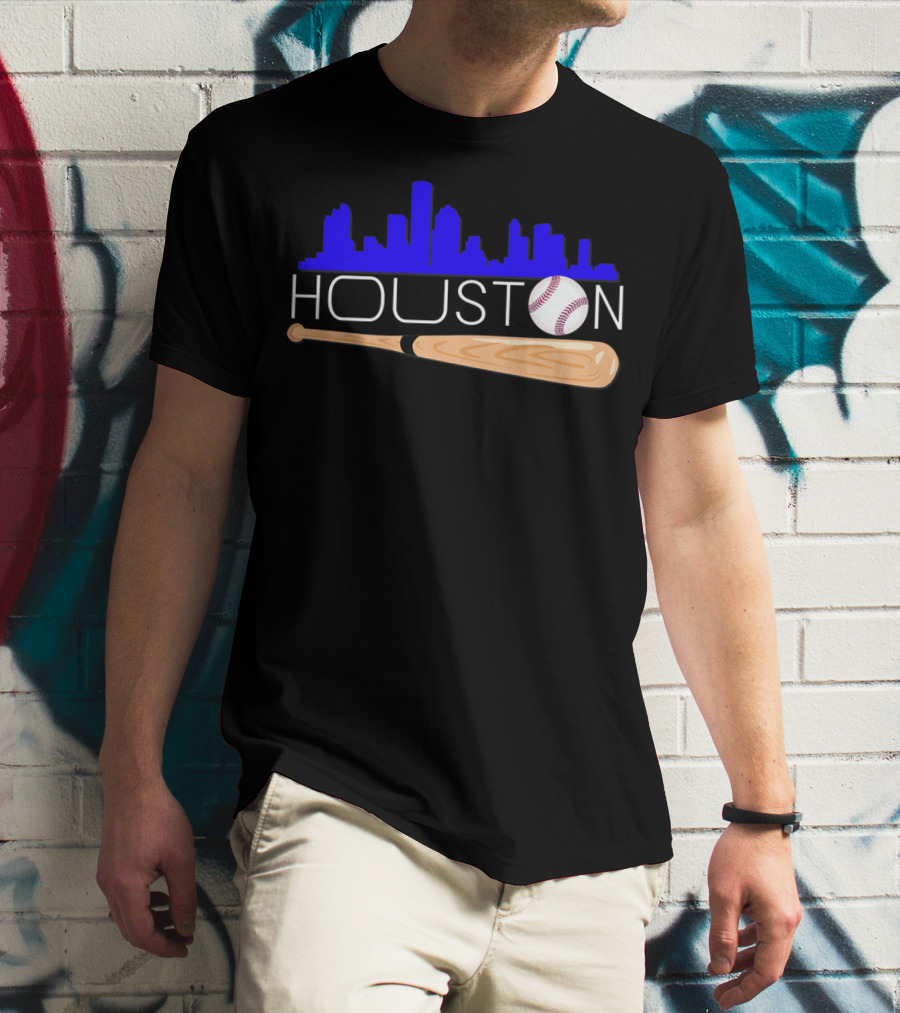 Houston Baseball Astro Font Skyline With Bat And Ball T-Shirt