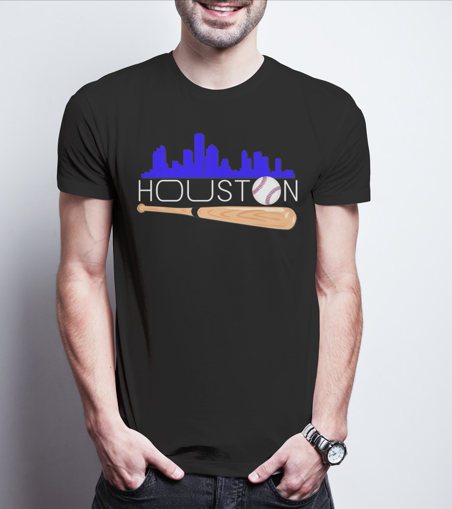 Houston Baseball Astro Font Skyline With Bat And Ball T-Shirt
