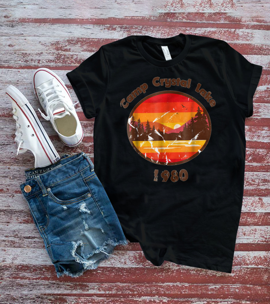 Camp Crystal Lake 1980 Retro Sunset Forest Scene T-Shirt