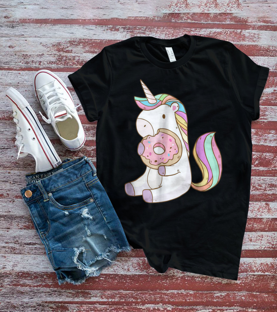 Cute Hungry Unicorn Enjoying A Delicious Donut With Sprinkles T-Shirt
