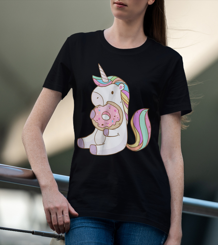 Cute Hungry Unicorn Enjoying A Delicious Donut With Sprinkles T-Shirt