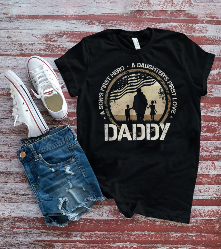 Daddy A Son's First Hero A Daughter's First Love Silhouette With American Flag T-Shirt
