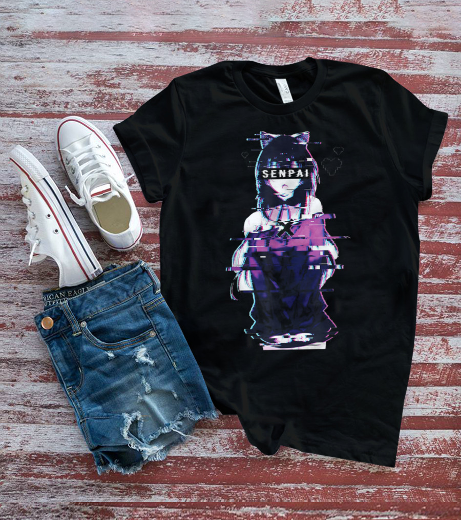 Japanese Anime Senpai Cat Girl Glitch Art Notice Me Senpai T-Shirt
