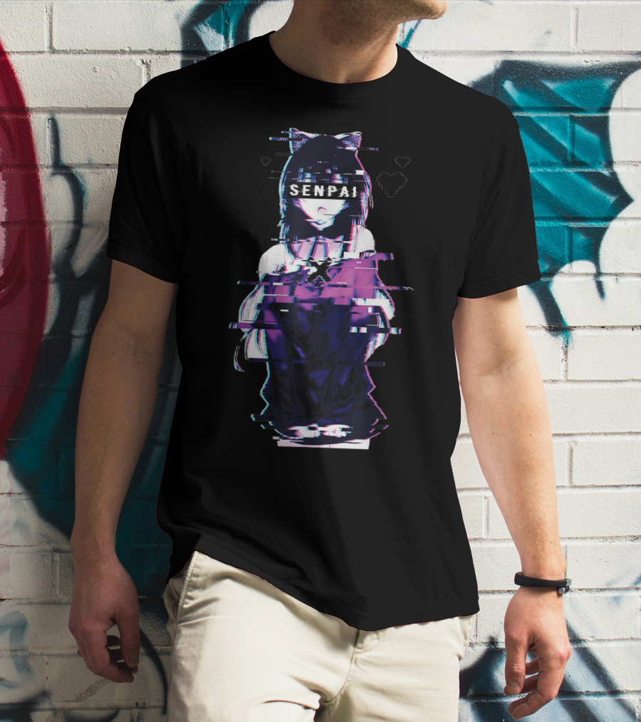 Japanese Anime Senpai Cat Girl Glitch Art Notice Me Senpai T-Shirt