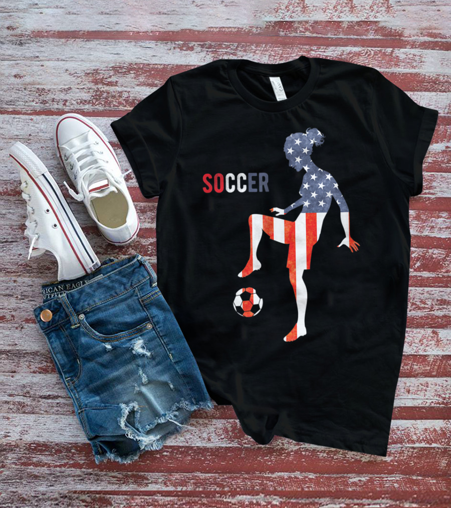 American Flag USA Soccer Player Silhouette Girl T-Shirt