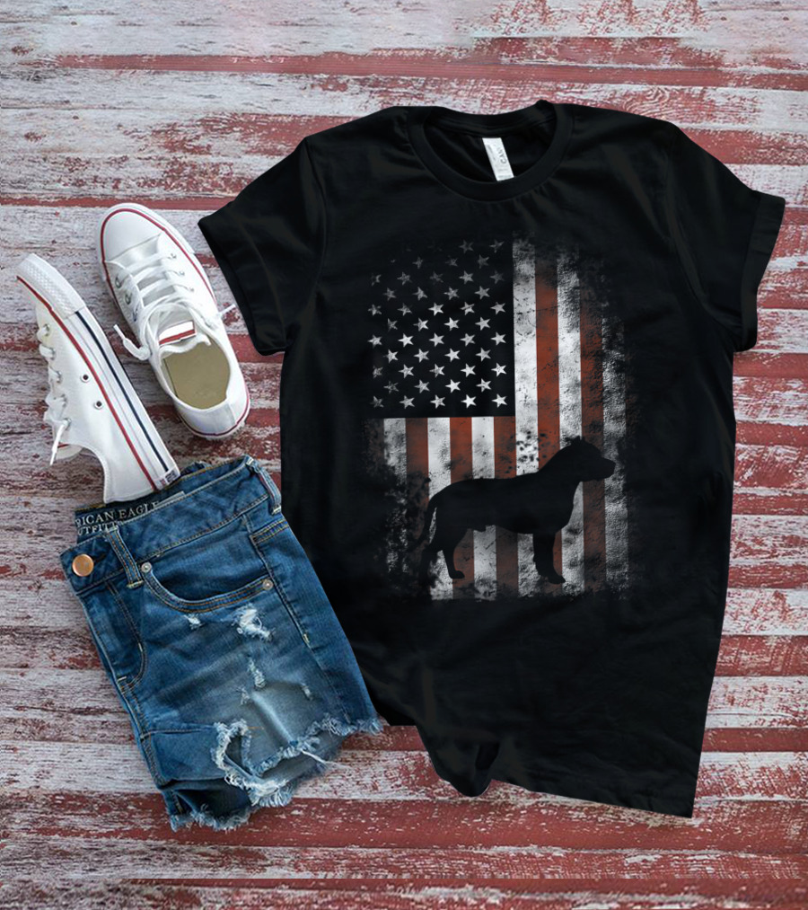 American Pitbull Terrier Silhouette With American Flag Patriotic T-Shirt